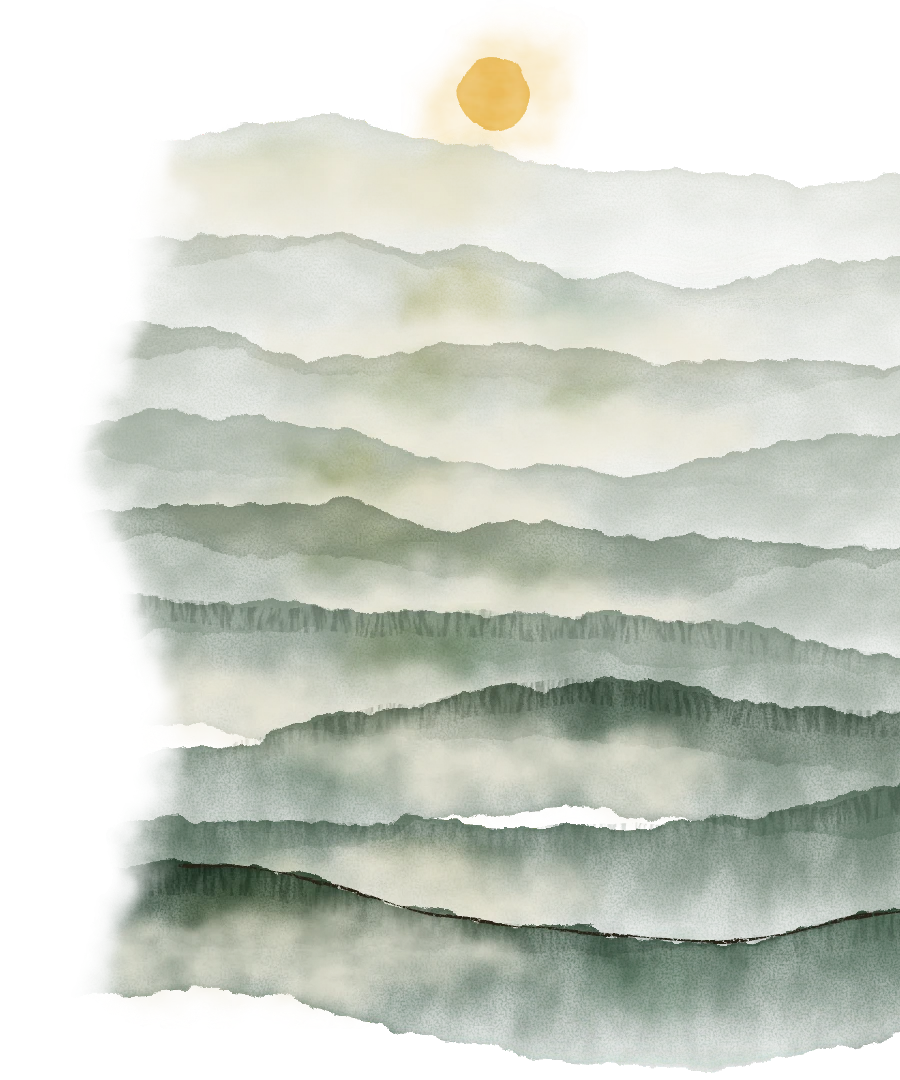 Watercolor of rolling ridges, one behind another, fading into haze under a low sun